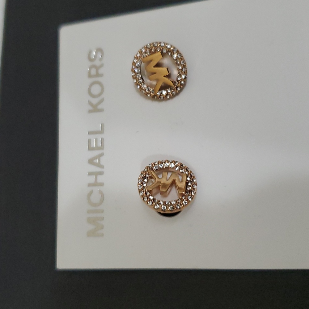 Michael Kors gold plated pave round rhinestone MK‎ monogram circle stud earrings